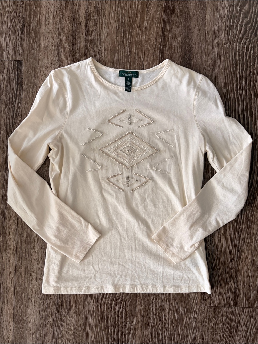 Ralph Lauren Cream Long Sleeve Beaded Crewneck Top
